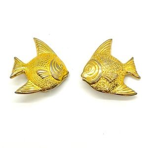 Vintage Les Bernard Large Gold Tone Tropical Fish Clip Earrings